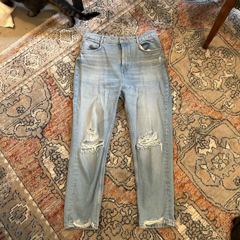 Zara High Rise Light Blue Ripped Jeans